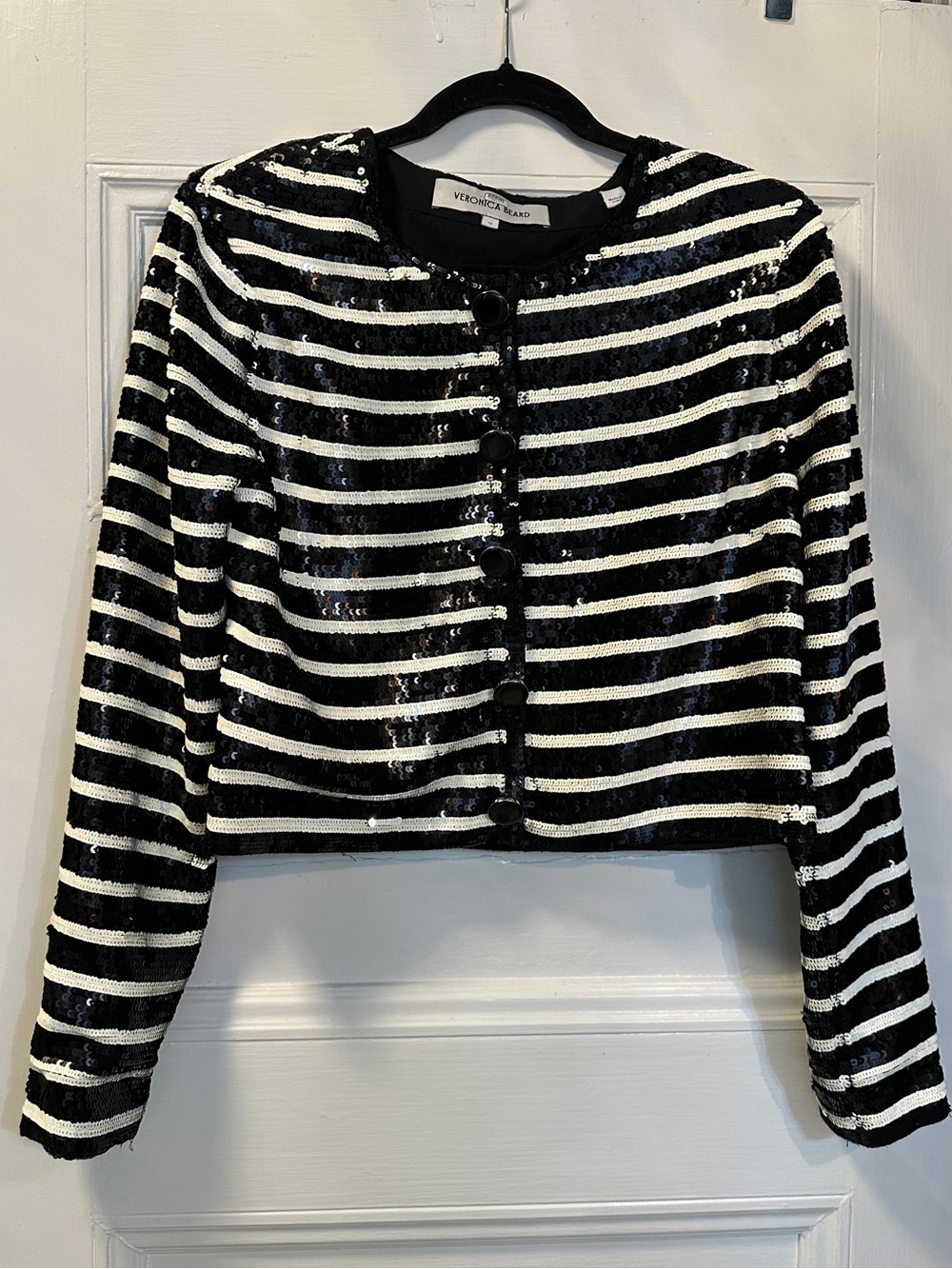 Veronica Beard Black and White Striped Sequin Cropped Blazer